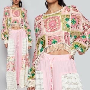 POL Pink Multi Cropped Delicate Crochet Sweater with Fringe